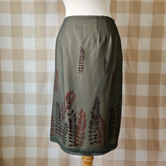 Vtg 90s Y2K Alfani Silk Sheath Skirt Olive Green Fern Leaf Print Side Slit Sz 10 - Picture 5 of 7